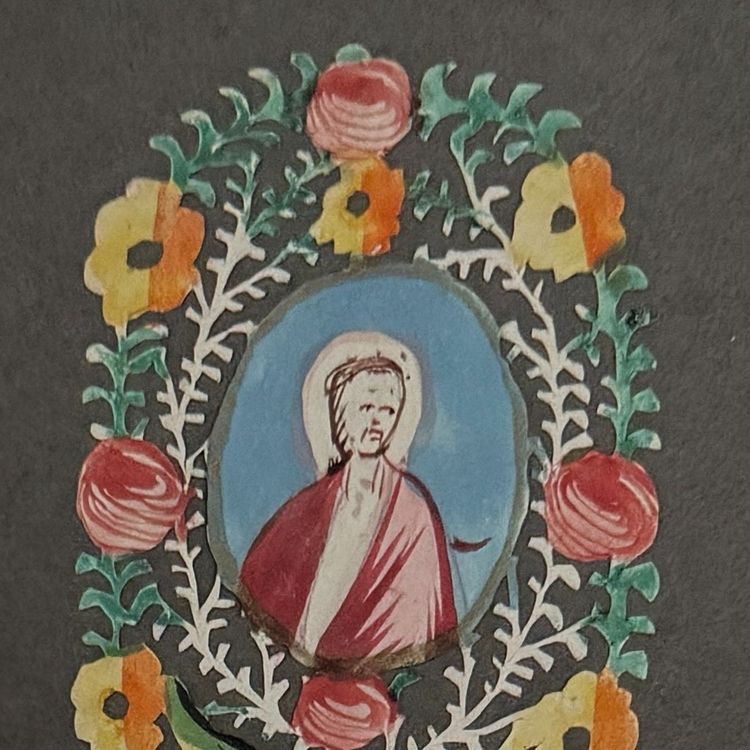 Canivet hand-painted gouache 18th-century decoration of a saint's paper lace