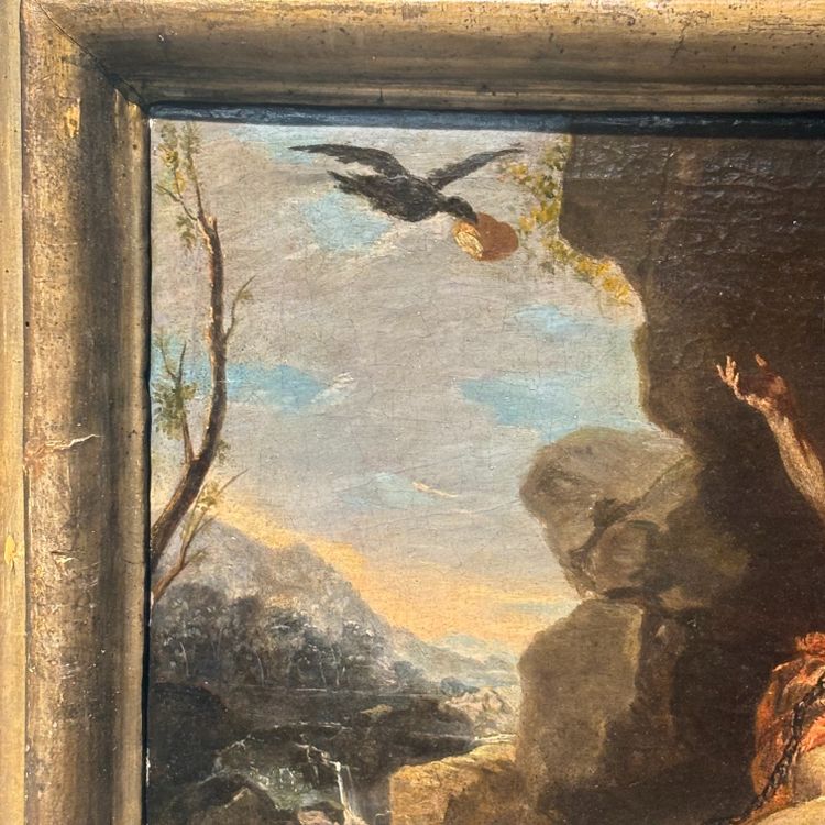 Antique painting from the 17th-century Neapolitan school, depicting Saint Elia, 62 x 52 cm. “The Miracle of the Crows”