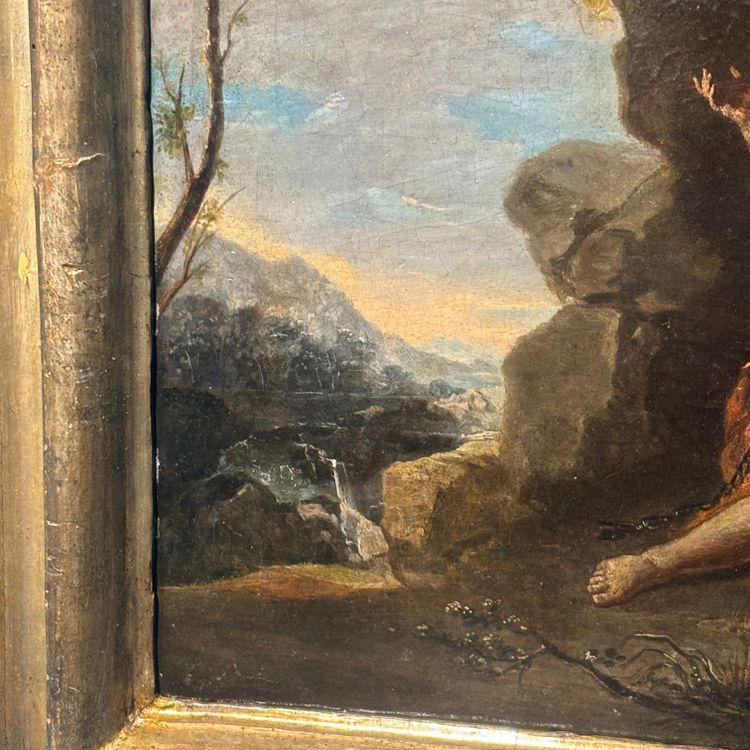 Antique painting from the 17th-century Neapolitan school, depicting Saint Elia, 62 x 52 cm. “The Miracle of the Crows”