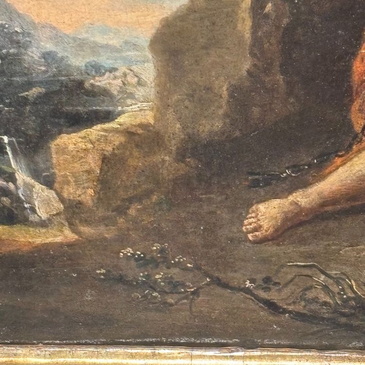 Antique painting from the 17th-century Neapolitan school, depicting Saint Elia, 62 x 52 cm. “The Miracle of the Crows”