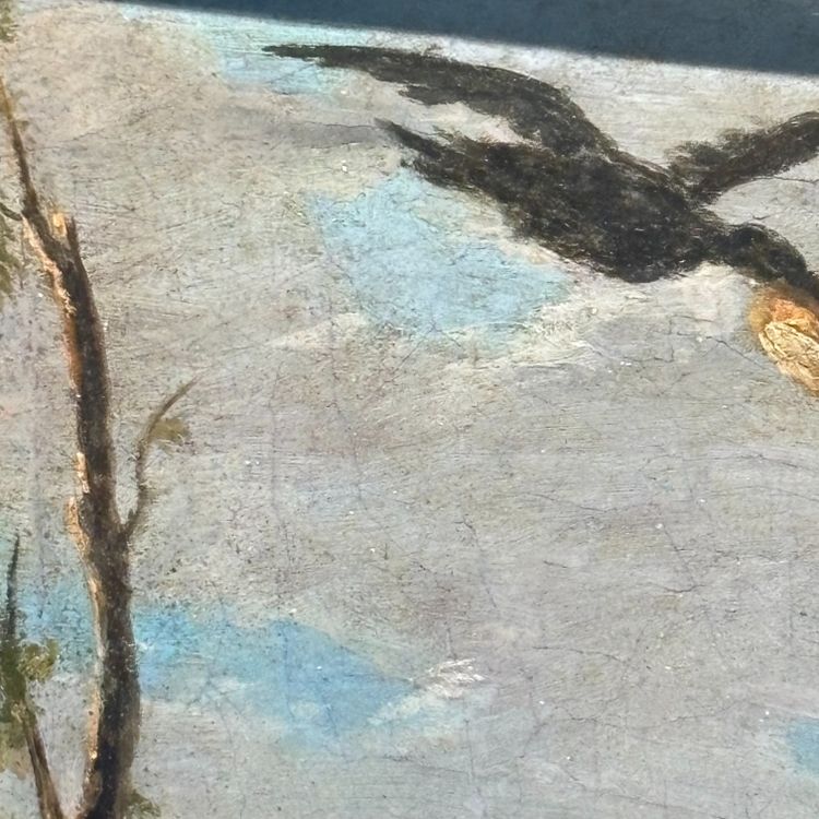 Antique painting from the 17th-century Neapolitan school, depicting Saint Elia, 62 x 52 cm. “The Miracle of the Crows”