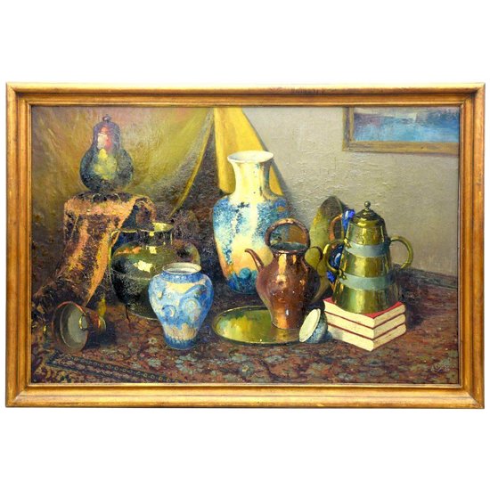 Grande Huile Sur Toile Nature Morte Signée A Collard 