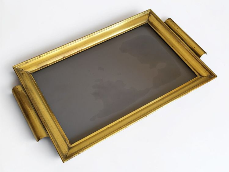 Hollywood Regency brass tray, 1960s / Smoked glass