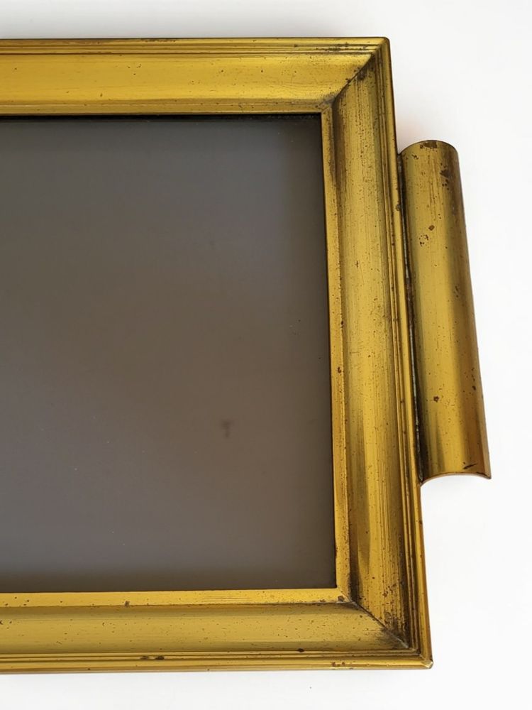 Hollywood Regency brass tray, 1960s / Smoked glass