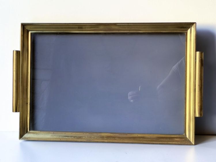 Hollywood Regency brass tray, 1960s / Smoked glass