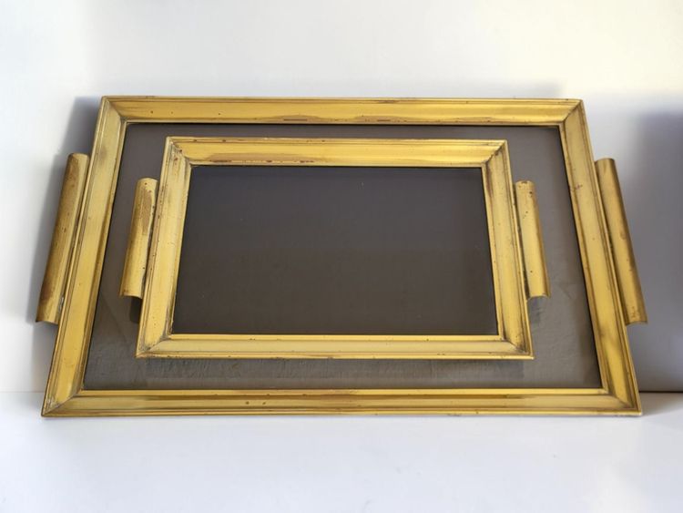 Hollywood Regency brass tray, 1960s / Smoked glass