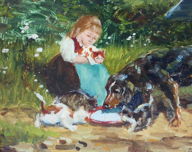 Scuola del XIX secolo, cani e gatti, dipinto monogrammato GB, stile impressionista, animali, setter Gordon