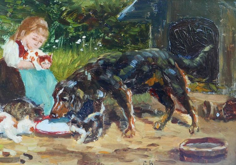 Scuola del XIX secolo, cani e gatti, dipinto monogrammato GB, stile impressionista, animali, setter Gordon