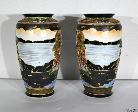 Pair of Satsuma Vases in Japanese Porcelain - Early XXth