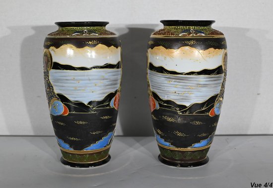 Pair of Satsuma Vases in Japanese Porcelain - Early XXth