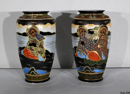 Pair of Satsuma Vases in Japanese Porcelain - Early XXth