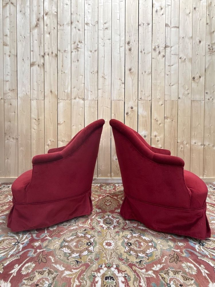 Paire de fauteuils crapauds velours rouge bordeaux - Style Napoléon III