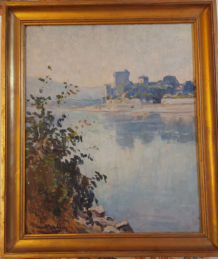 Luc Belin - (1878 - 1959) - Tour au bord du Rhône - huile sur panneau