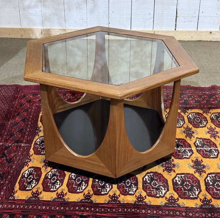 Octagonal GPlan side table from the 1970s in teak with a glass top