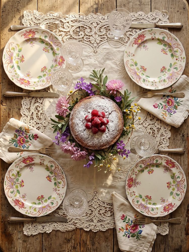 4 piatti da dessert antichi Longchamp Daisy in gres policromo