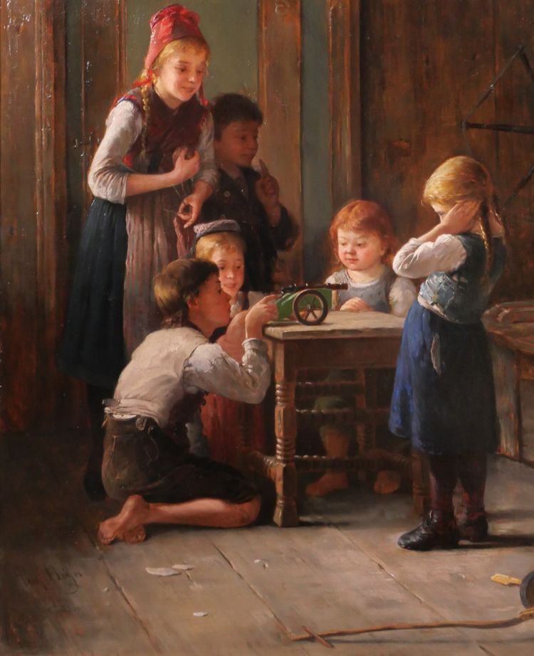 August Heyn (1837-1920), Bambini intorno a un cannone, dipinto dei Giochi di Monaco del 1888.