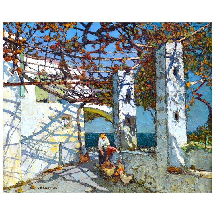 BONAMICI Louis (1878-1966) " Terrasse sur les bords de la Méditerranée " Provence Marseille Grèce 
