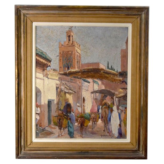 Oil On Canvas Mosque In Marakech By Paul Jean Anderbourh
