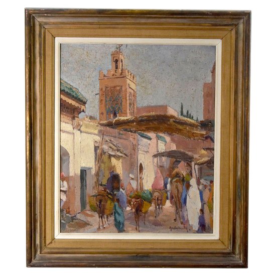 Olio su tela Moschea a Marrakech di Paul Jean Anderbourh