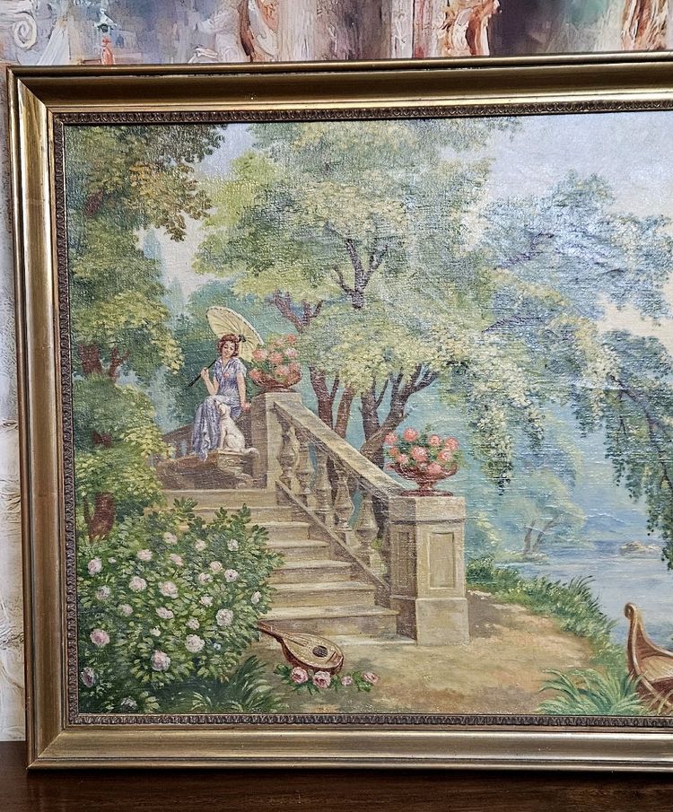 OIL-ON-CANVAS PAINTING DEPICTING A ROMANTIC SCENE