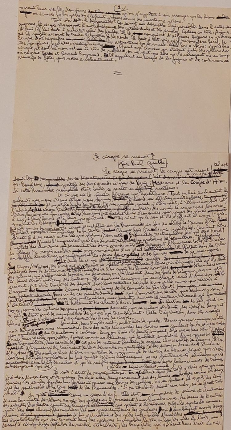  Paul Guth (1910 - 1997) - 3 Manuscrits autographes sur le CIRQUE - 5 pages