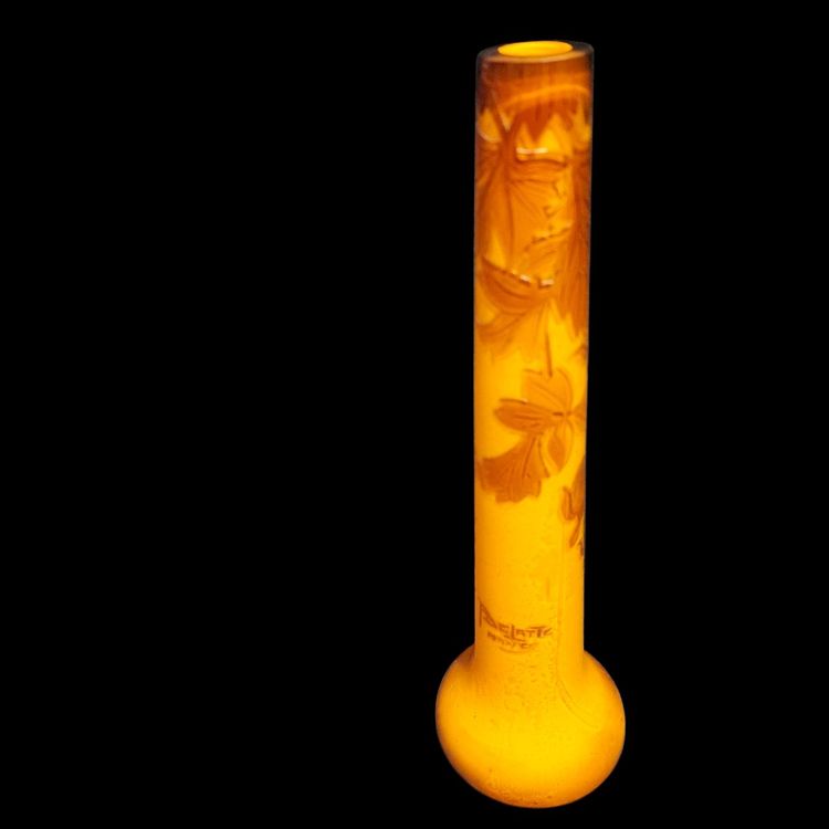 André Delatte Nancy - vaso in vetro color arancio, trattato con acido, periodo Art Nouveau