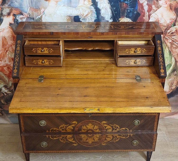 KOMMODE IM LOUIS-XV-STIL MIT KLAPPDECKEL, AUS EDELHOLZ