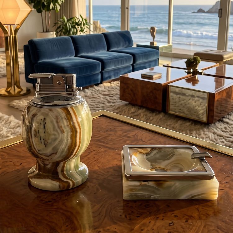 Set da fumo italiano in onice, stile Mid-Century Modern, anni '60, con accendino da tavolo e posacenere.