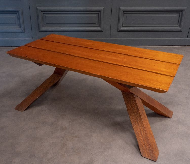 Table basse à lattes 1970 dans le goût de Pierre Chapo