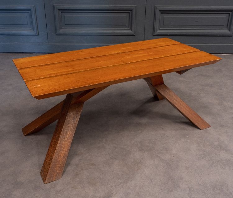 Table basse à lattes 1970 dans le goût de Pierre Chapo