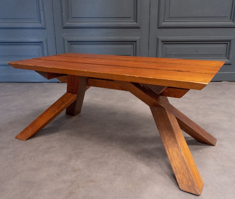 Table basse à lattes 1970 dans le goût de Pierre Chapo