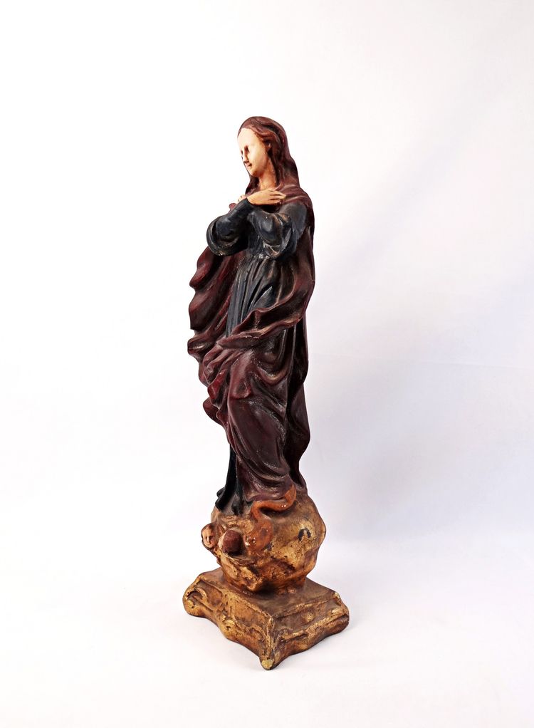 Immaculate Virgin with a serpent on a globe and cherubs, plaster, Portugal, late 19th century
