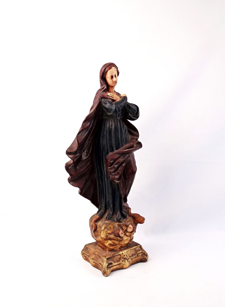 Immaculate Virgin with a serpent on a globe and cherubs, plaster, Portugal, late 19th century