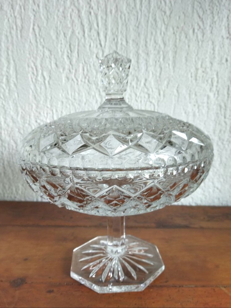 Large Antique Candy Dish on a Pedestal in Cut and Molded Crystal