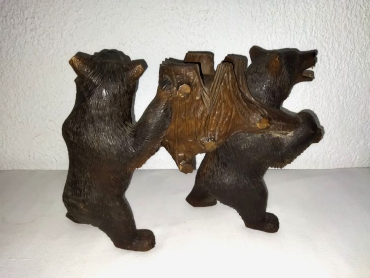 CURIOSITÉ Serviteur De Table Porte-bouteille Bois sculpté "Aux Ours" Dans Le Gout De La Foret-Noire