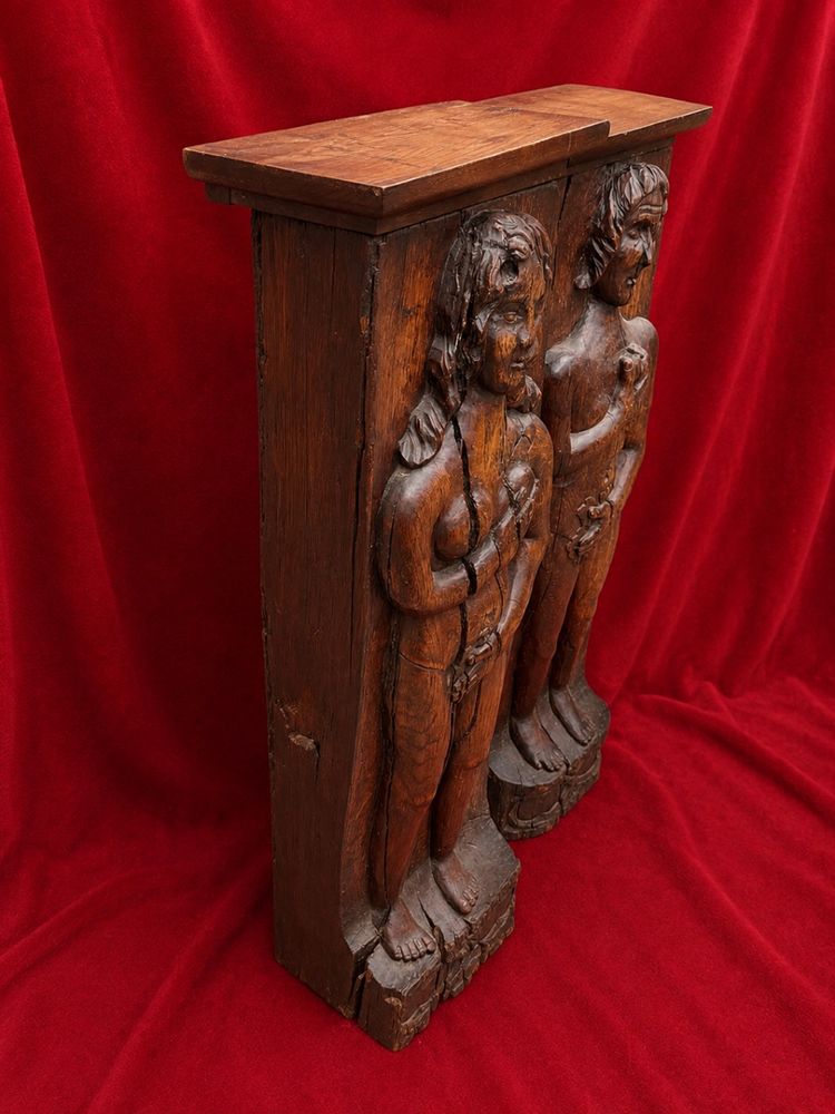 Pair of 18th-century carved caryatid pilasters depicting Adam and Eve