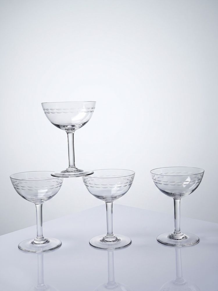 4 Grandes coupes à champagne verre gravé, style Art Déco années 1925-1940