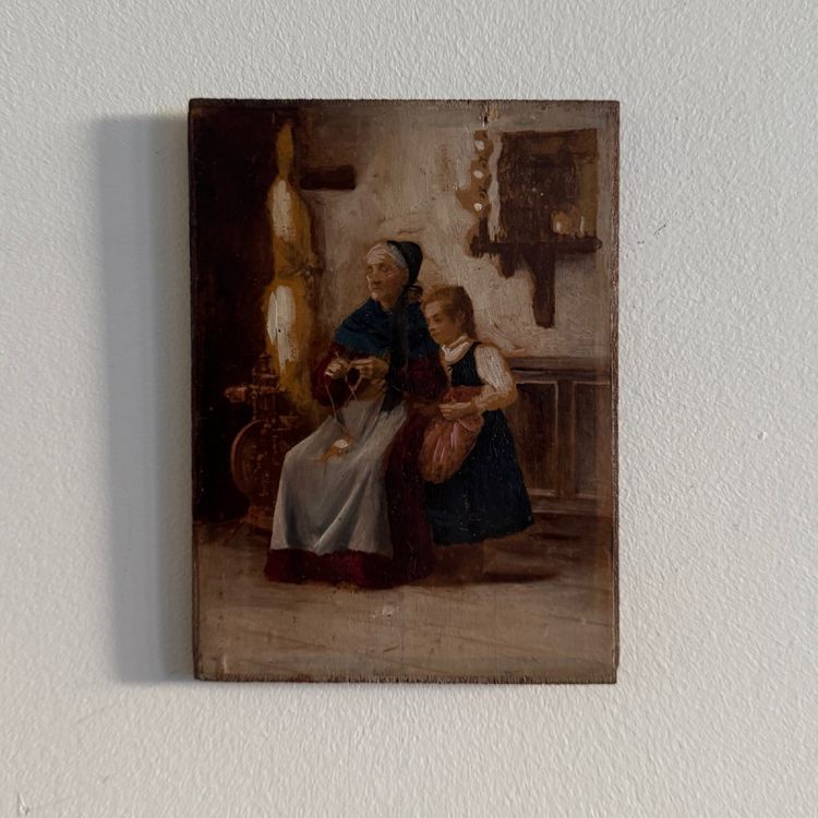 Olio su tavola, con dettagli in rilievo: scena d'interno bretone