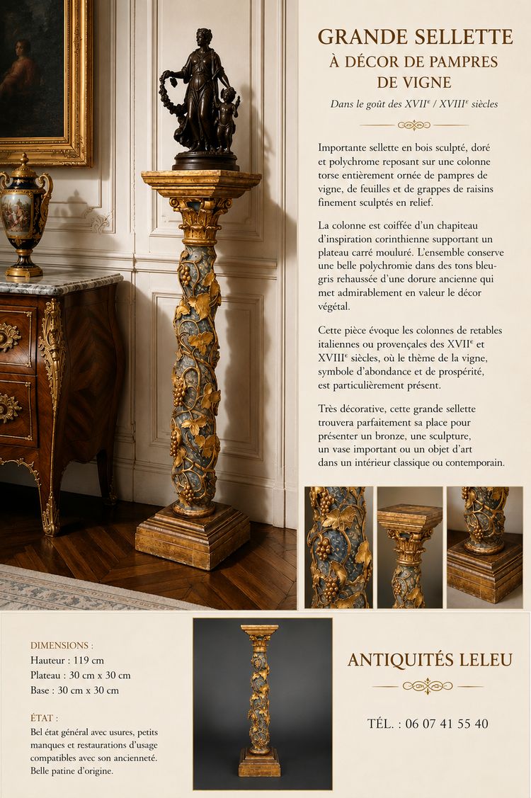 LARGE CARVED WOODEN SEAT, GILDED AND POLYCHROME, DECORATED WITH VINE VINES