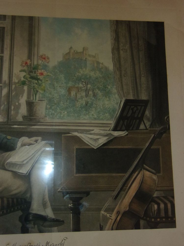 Grande litografia - Mozart nella sua casa di Salisburgo; fine XIX secolo.