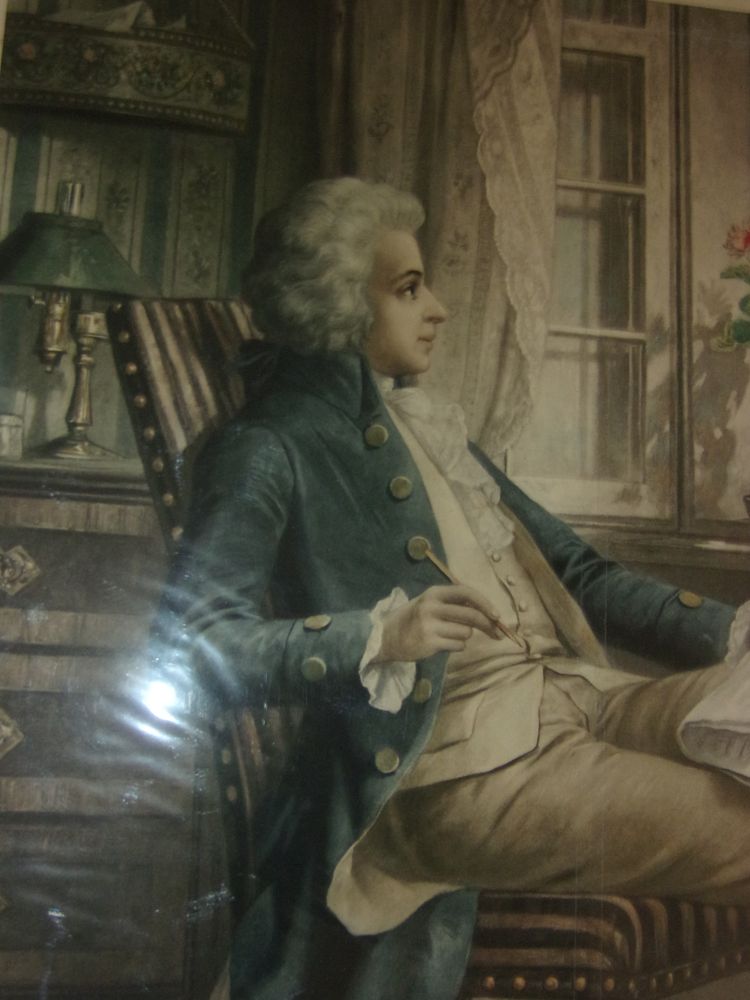 Grande litografia - Mozart nella sua casa di Salisburgo; fine XIX secolo.