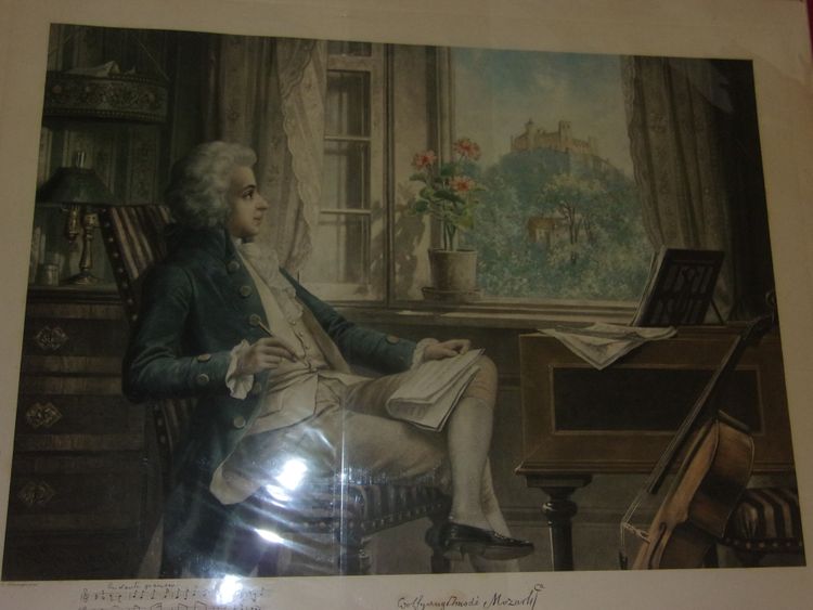 Grande litografia - Mozart nella sua casa di Salisburgo; fine XIX secolo.