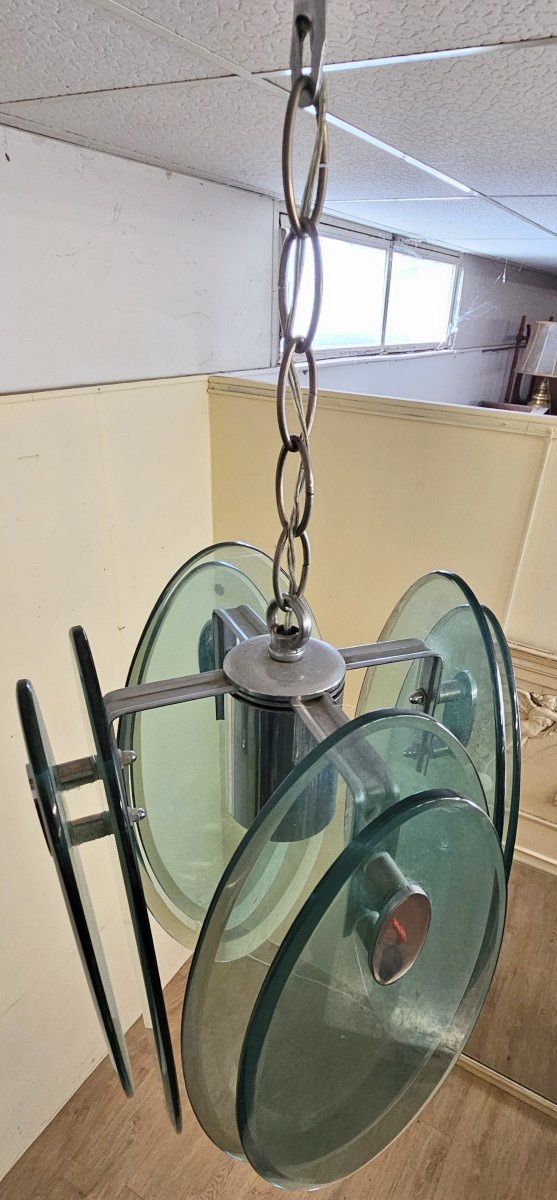 NILO VECA POUR FONTANA ARTE : SUSPENSION DESIGN VINTAGE EN VERRE FUMÉ VERT & MÉTAL CHROMÉ