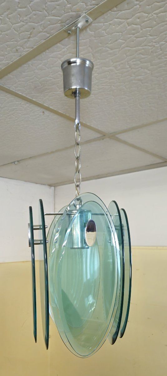 NILO VECA POUR FONTANA ARTE : SUSPENSION DESIGN VINTAGE EN VERRE FUMÉ VERT & MÉTAL CHROMÉ