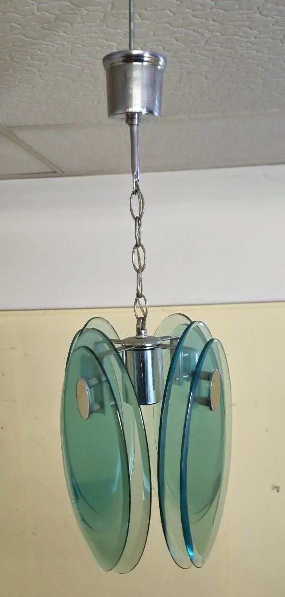 NILO VECA POUR FONTANA ARTE : SUSPENSION DESIGN VINTAGE EN VERRE FUMÉ VERT & MÉTAL CHROMÉ