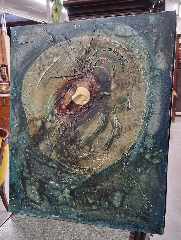 Großformatige, zeitgenössische Mixed-Media-Komposition – Gesicht im Relief