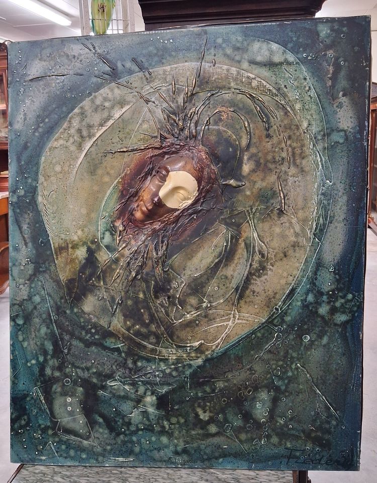 Großformatige, zeitgenössische Mixed-Media-Komposition – Gesicht im Relief