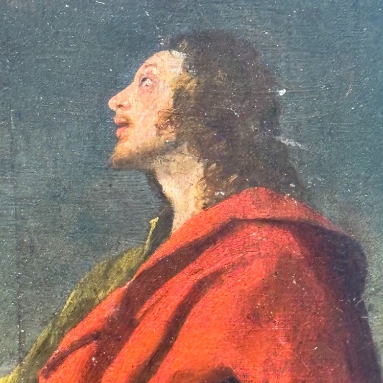 Antique pair of 17th-century Tuscan panel paintings. Saint John and the Virgin. Dimensions: 43 x 21.50 cm.