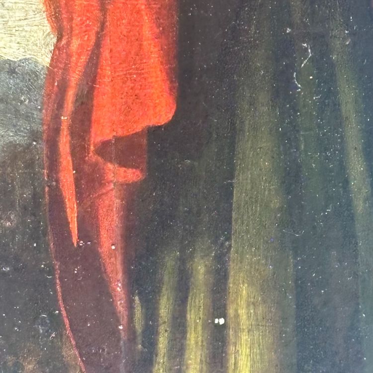 Antique pair of 17th-century Tuscan panel paintings. Saint John and the Virgin. Dimensions: 43 x 21.50 cm.