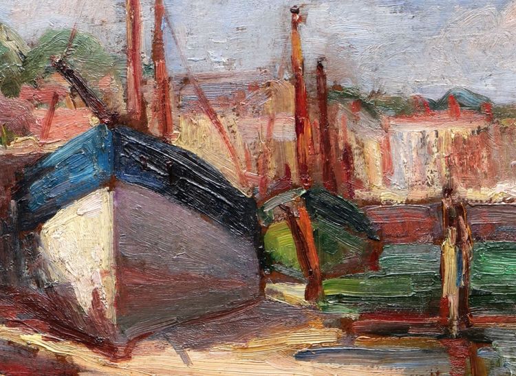 Französische Schule um 1900–1930, zwei Boote am Kai, Ebbe